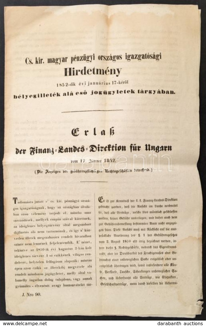 1852 Hirdetmény A Bélyegilleték Tárgyában Magyar és Német Nyelven / Announcement About The Stamp Tariffs In German And H - Zonder Classificatie