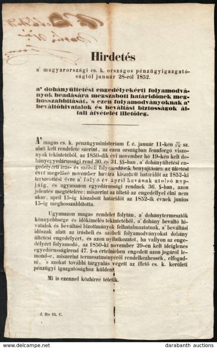 1852 Hirdetmény A Dohányültetési Engedélyekről. 24x38 Cm - Zonder Classificatie
