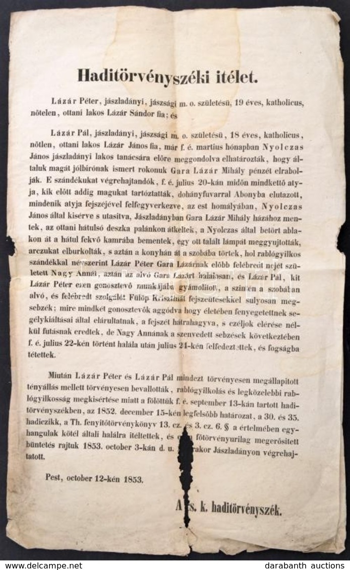1853 Haditörvényszéki ítélet Hirdetménye Két Nyelven 54x44 Cm - Zonder Classificatie