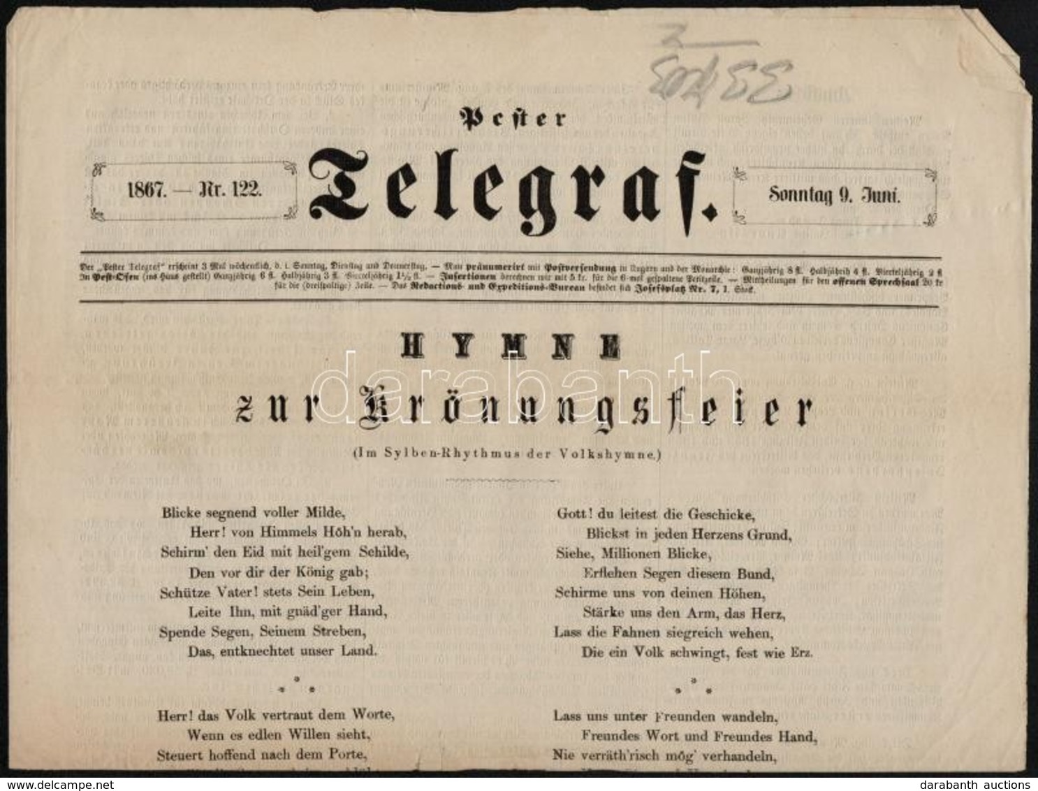 1867 Pester Telegraf 1867. Szept. 9. 1867. Nr. 122. Német Nyelven, A Címlapon A Koronázásra írt Himnusszal, Szakadt. - Zonder Classificatie