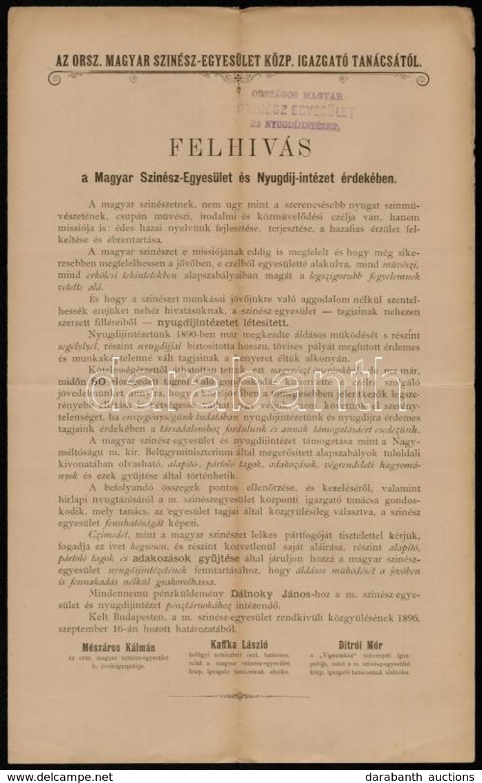 1896 Felhívás A Magyar Színész Egyesület és Nyugdíj Intézet ügyében - Non Classés