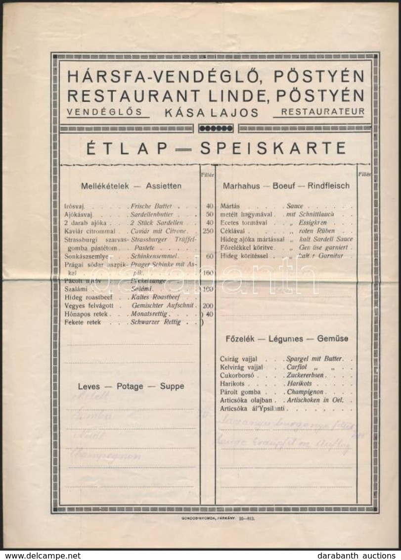 Cca 1910 Pöstyén, Kása Lajos Hársfa Vendéglő étlap  4p. - Zonder Classificatie