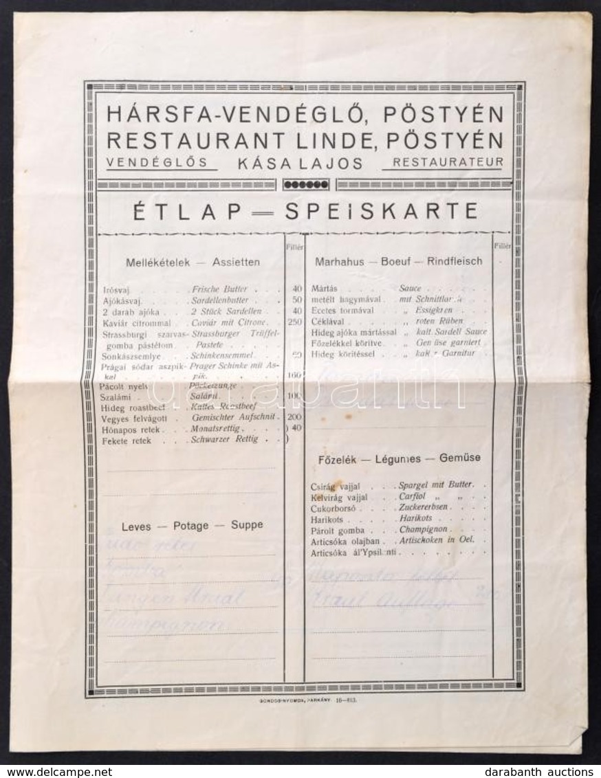 Cca 1910 Pöstyén Hársfa Vendéglő étlap 4p. - Zonder Classificatie