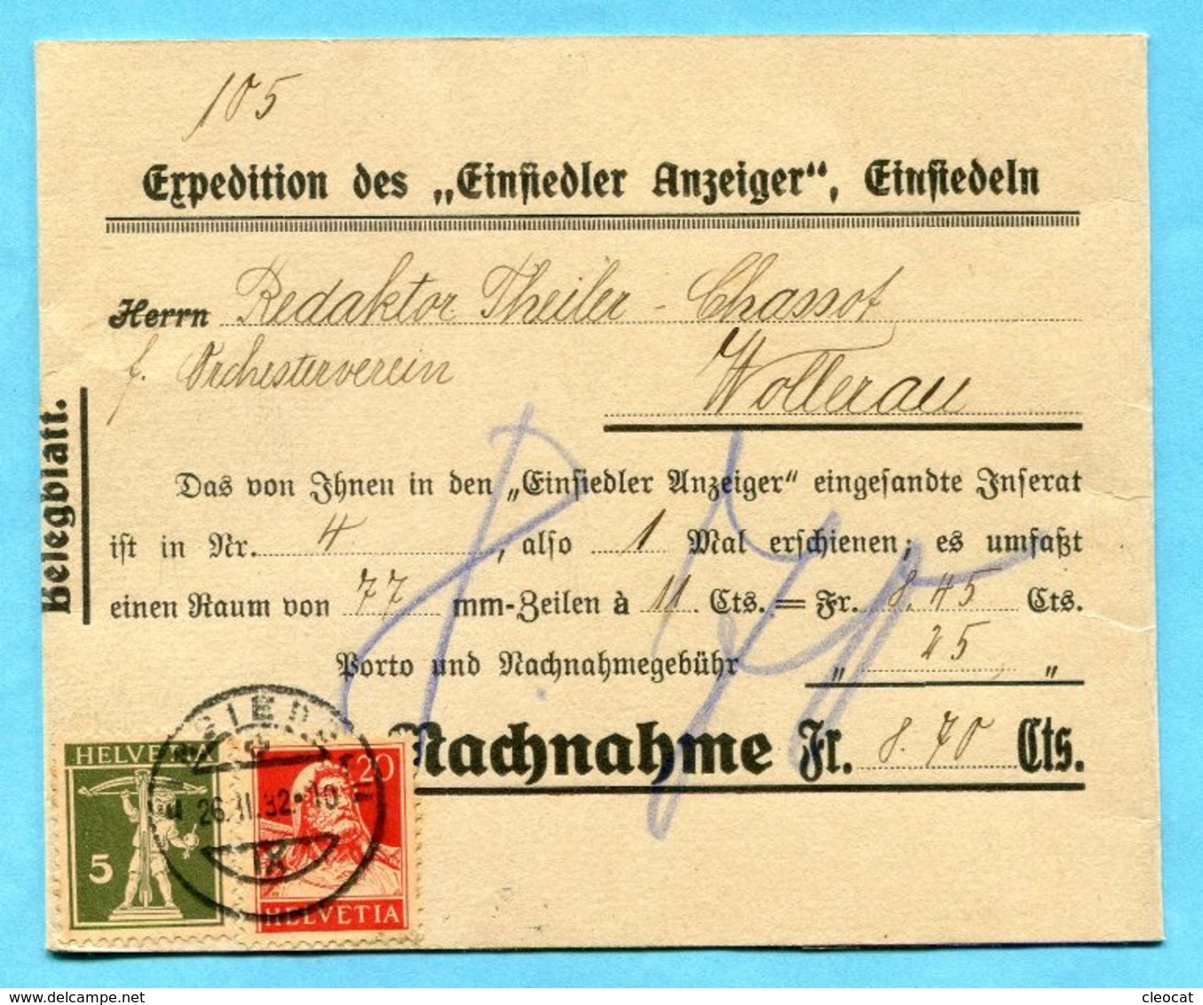 Nachnahme Streifband Von Einsiedeln Nach Wollerau 1932 - Lettres & Documents