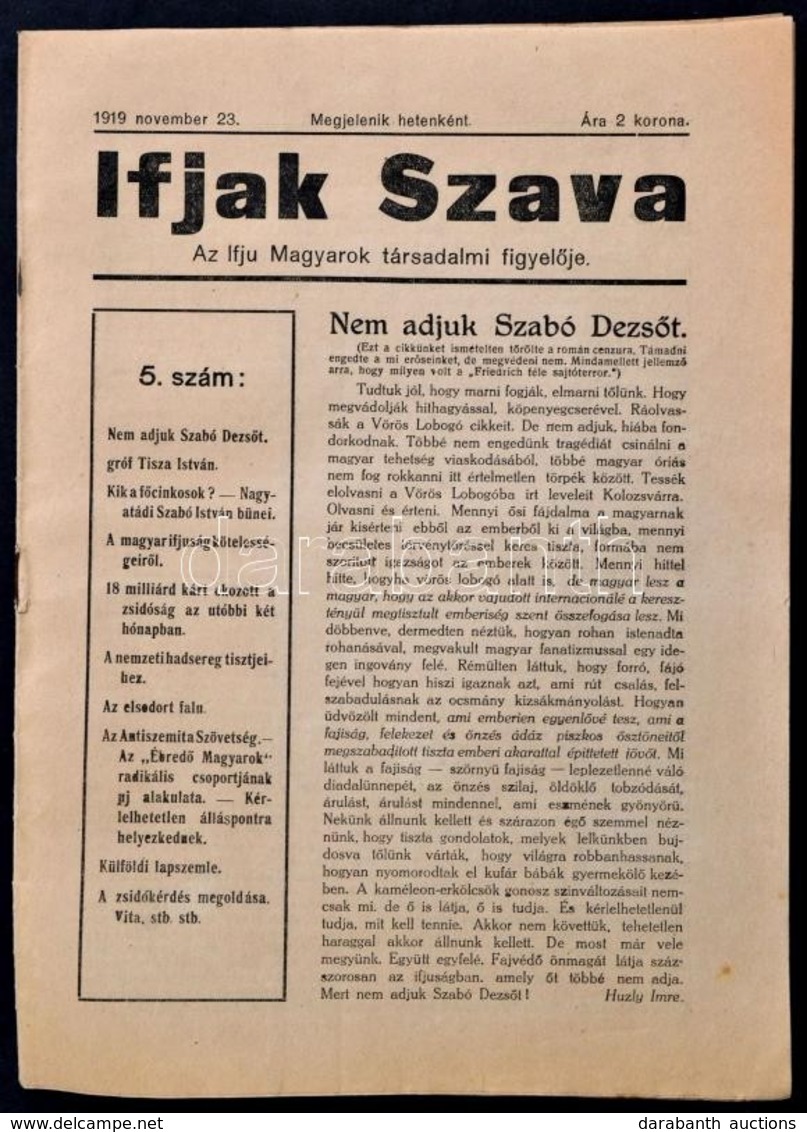 1919 Az Ifjak Szava C. újság 5. Száma - Zonder Classificatie