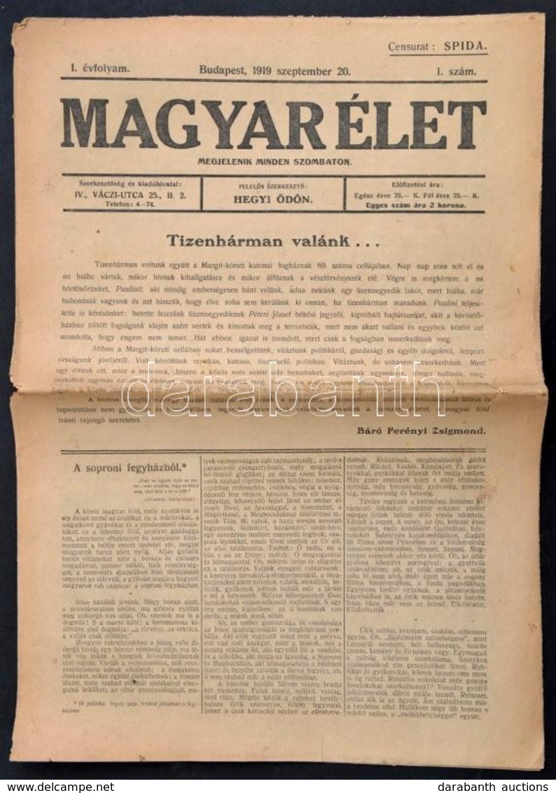 1919 A Magyar Élet C. újság Induló Száma. Román Cenzúrával. - Zonder Classificatie