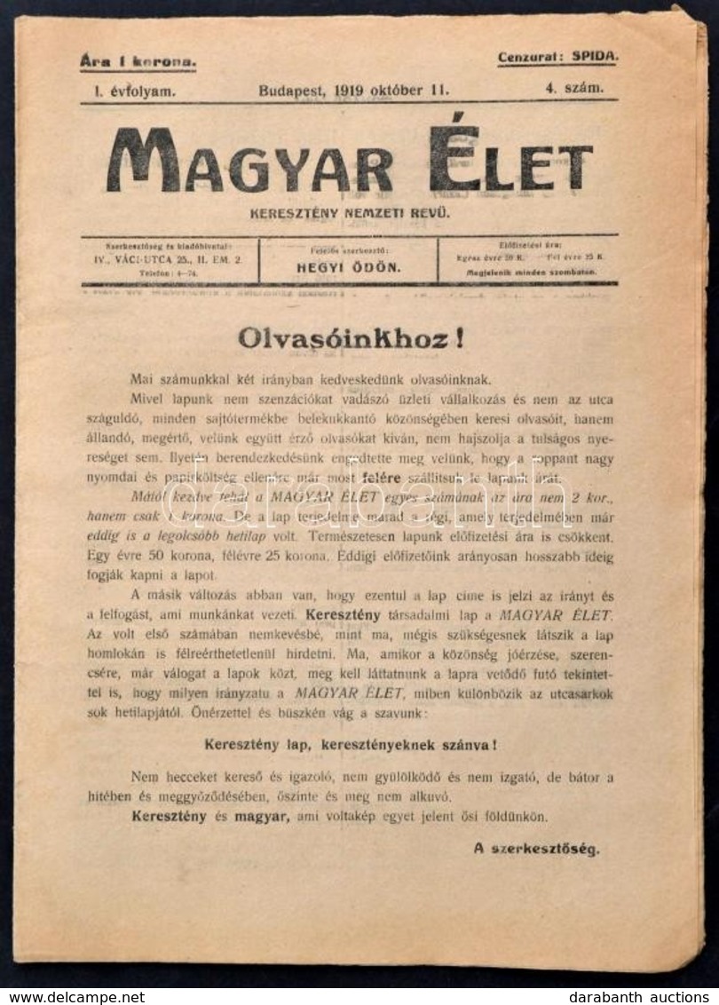 1919 A Magyar Élet C. újság 4. Száma. Román Cenzúrával. - Zonder Classificatie