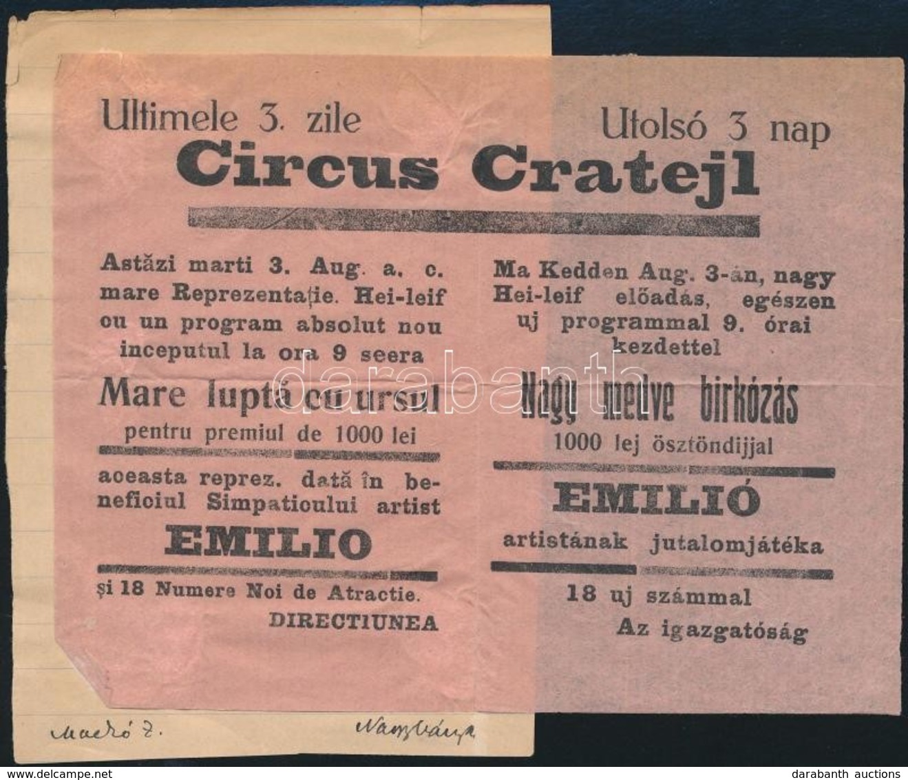 Cca 1920 Az Erdélyi Circus Cratejl Előadásának Szórólapja Nagybányáról, Benne Nagy Medve Birkózással - Zonder Classificatie