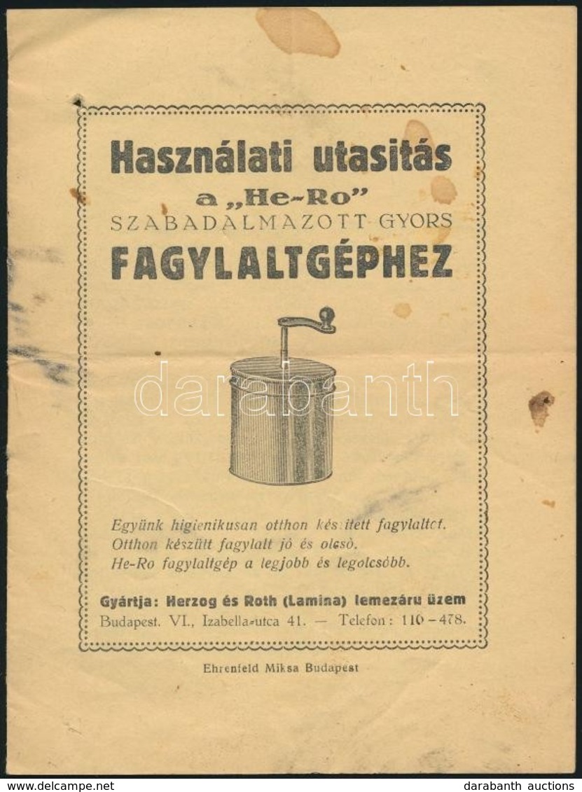 Cca 1920 HE-RO Fagylaltgép Használati Utasítás és Receptek. 8p. - Zonder Classificatie