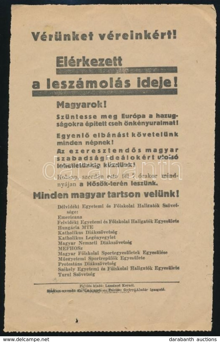 Cca 1920 'Vérünket Véreinkért! Elérkezett A Leszámolás Ideje!', Irredenta Röplap - Zonder Classificatie