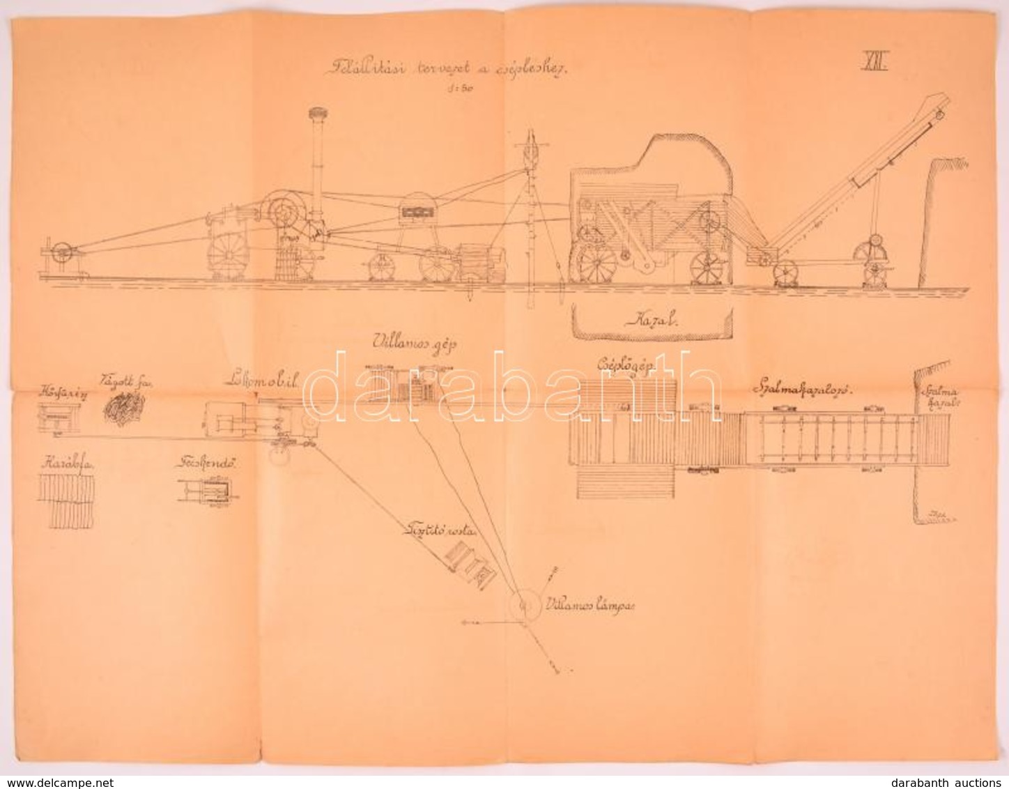 Cca 1930-1940 4 Db Cséplőgép Szakrajz, Változó állapotban, Szakadásokkal, 47x62 Cm. - Ohne Zuordnung