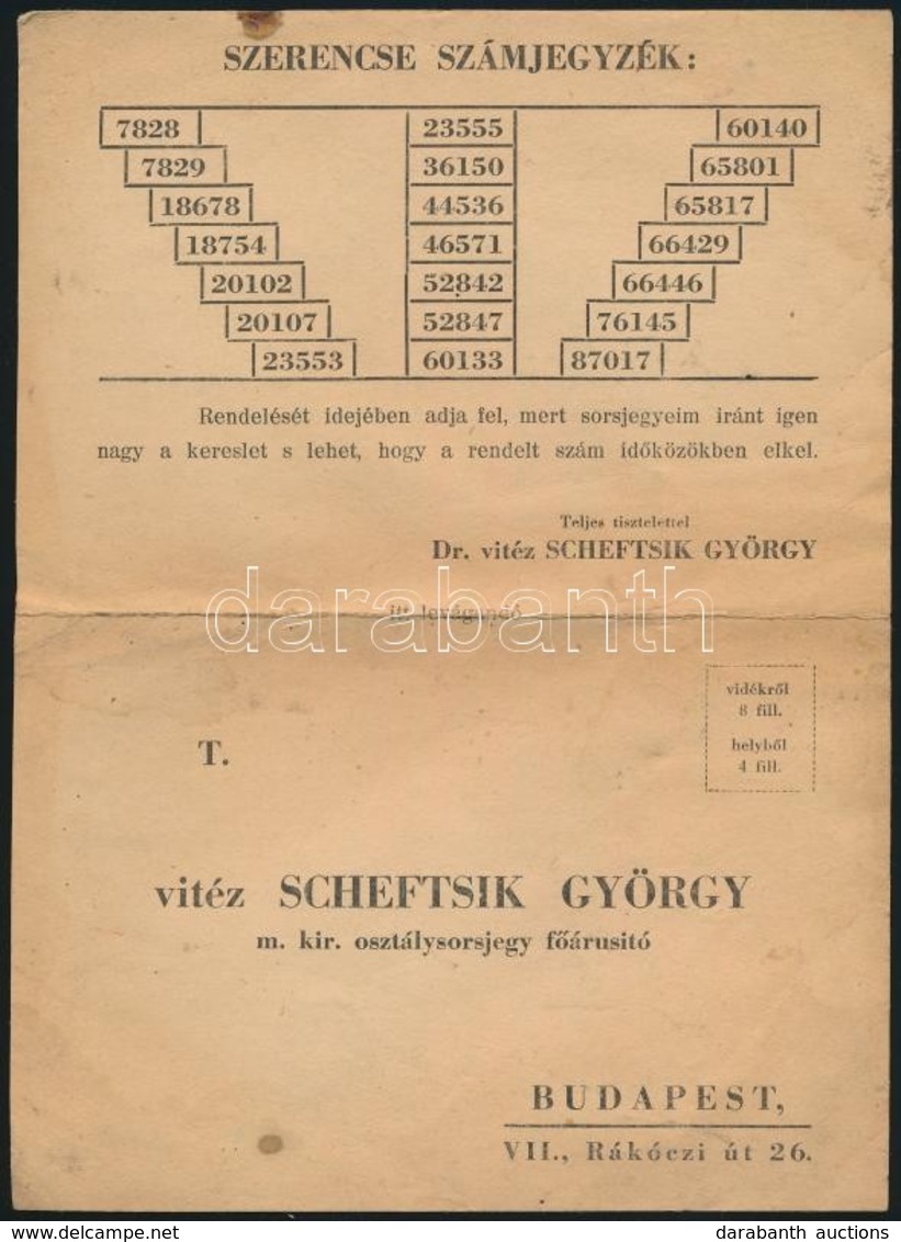 Cca 1935 Vitéz Scheftsik György Sorsjegy Reklám Levelezőlap és Szerencse Számjegyzék. - Zonder Classificatie