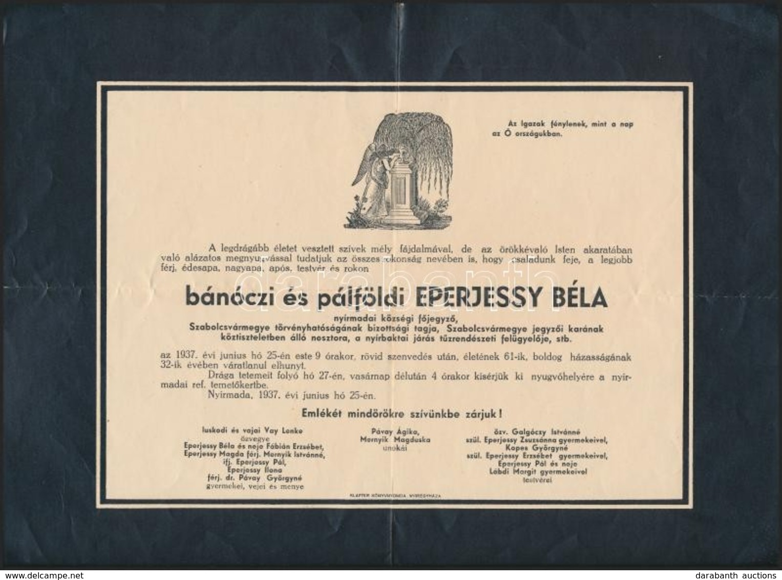 1937 Nyírmadai Gyászjelentés Bánóczi és Pálföldi Eperjessy Béla - Unclassified