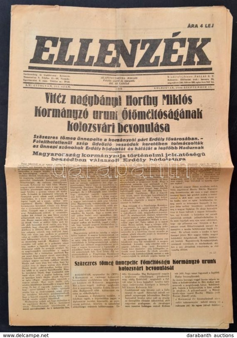 1940 Az Ellenzék Című újság LXI. évfolyamának 212. Száma, Címlapon Horthy Miklós Kormányzó Kolozsvári Bevonulásának Híré - Zonder Classificatie