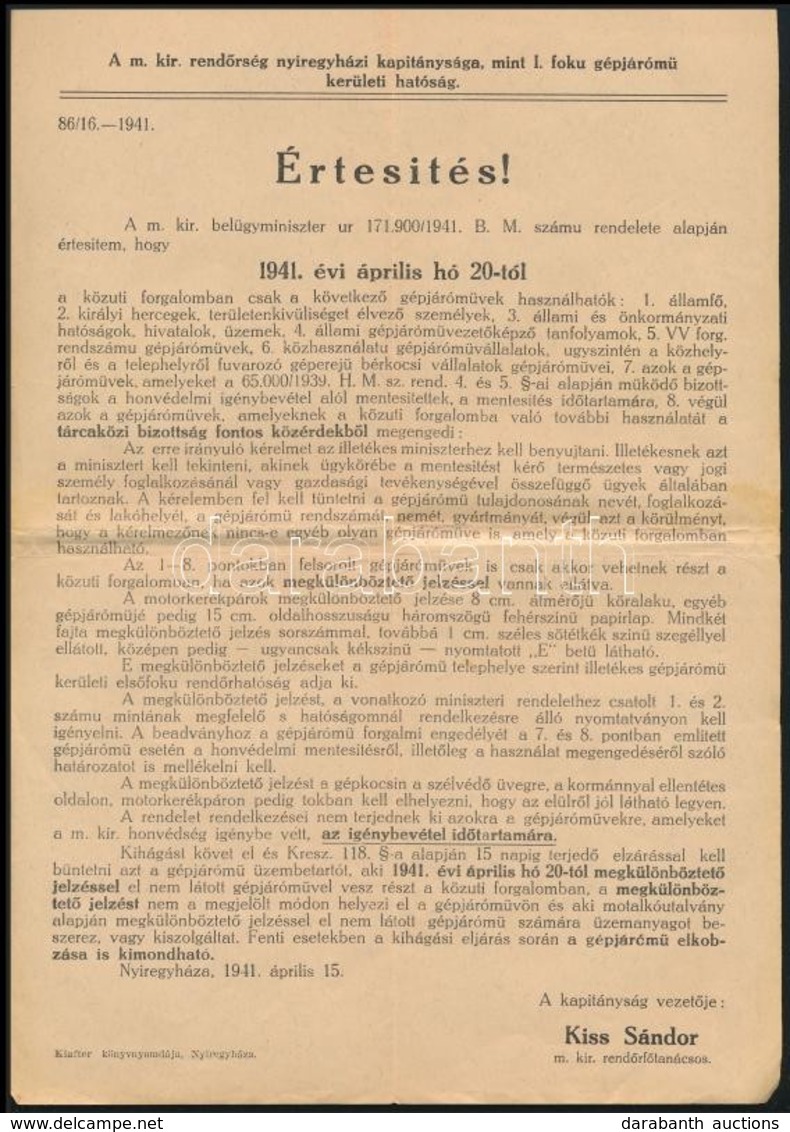 1941 Nyíregyháza értesítés Gépjárművek Használatának Korlátozásáról - Zonder Classificatie