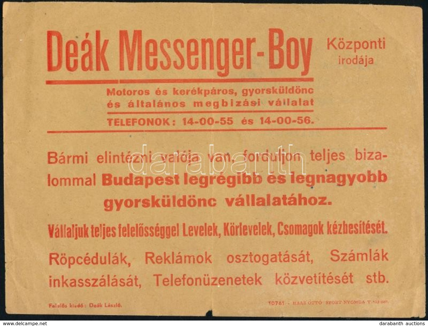1942 Deák Messenger-boy Gyorsküldönc Reklámlapja, Hátoldalán Megbízással 12x15 Cm - Zonder Classificatie