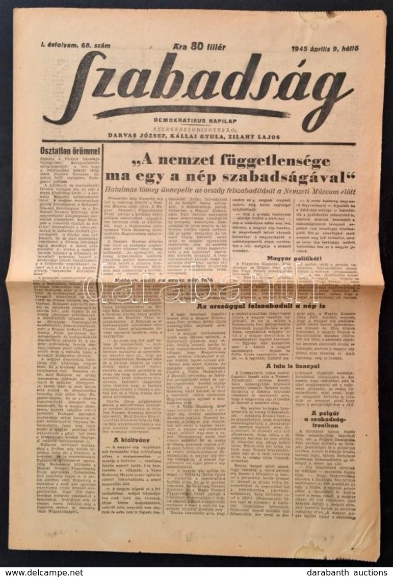 1945 A Szabadság Demokratikus Napilap I. évfolyamának 68. Száma, Címlapon A Felszabadulás Hírével - Zonder Classificatie