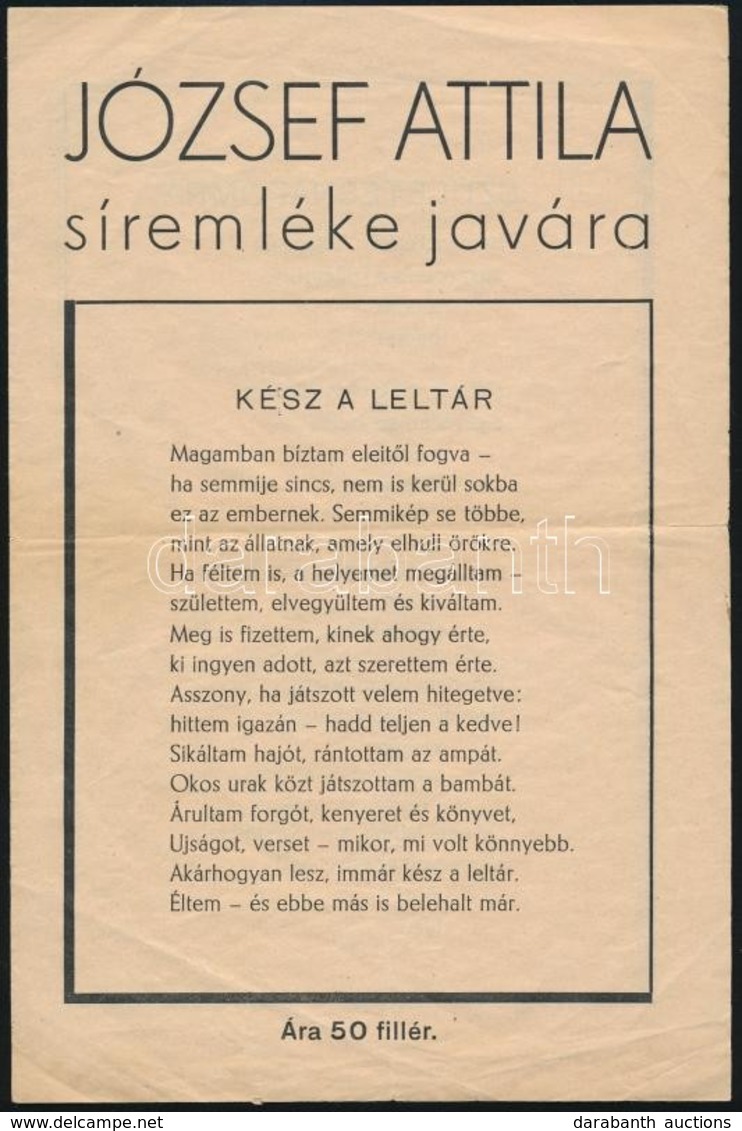 Cca 1970 József Attila Síremléke Javára. Bp., Világosság Rt., 2 Sztl. Lev. - Zonder Classificatie