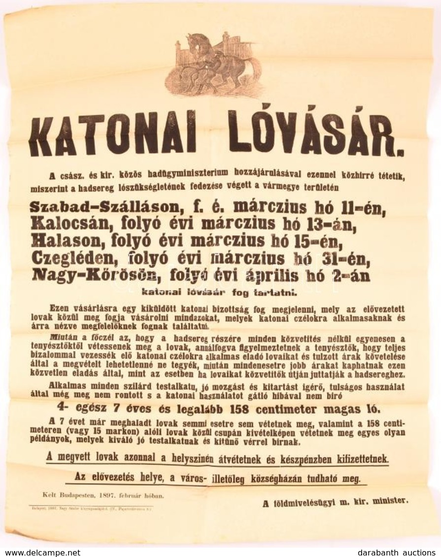 1897 Katonai Lóvásár Nagyméretű Plakája 49x58 Cm. - Autres & Non Classés