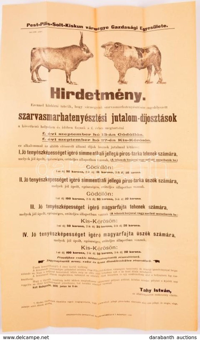 1896 Pest-Pilis-Solt-Kiskun Vármegye Gazdasági Egyesületének Hirdetménye Szarvasmarha Tenyésztési Jutalomdíjazásról  31x - Other & Unclassified
