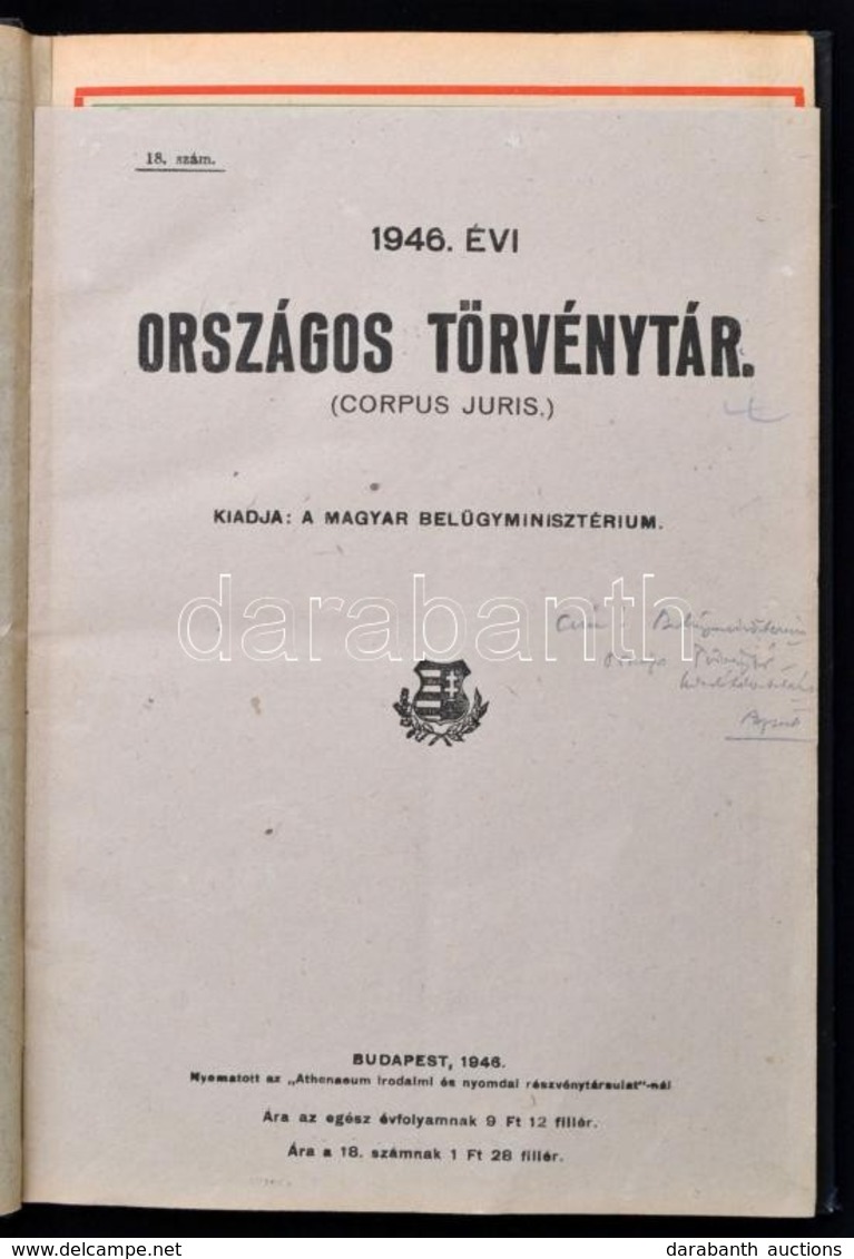 Az 1946 évi Törvények Gyűjteménye. Egészvászon Kötésben. - Unclassified