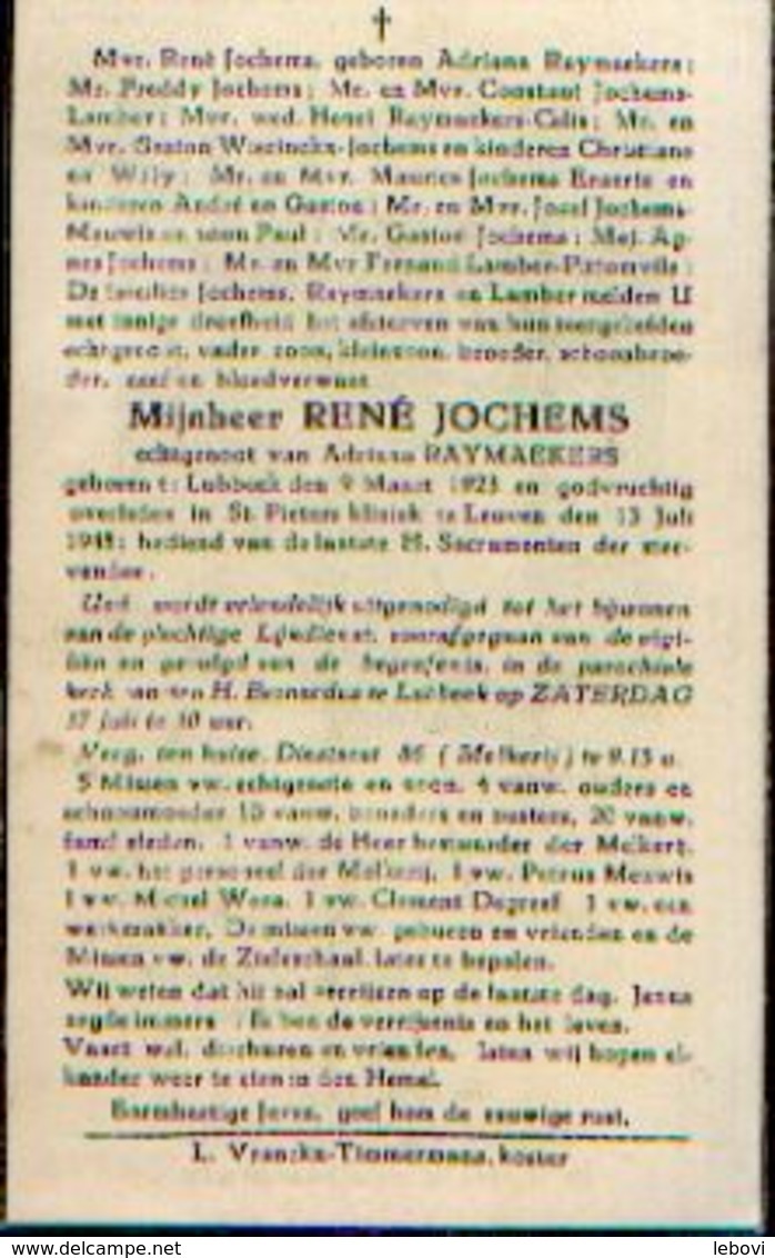 Souvenir Mortuaire JOCHEMS René (1923-1948) Geboren Te LUBBEEK Overleden Te LEUVEN - Images Religieuses