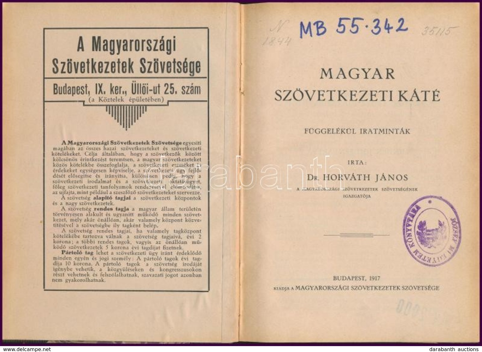 Dr. Horváth János Magyar Szövetkezeti Káté. Függelékül Iratminták. Bp.,1917, Magyarországi Szövetkezetek Szövetsége. Átk - Unclassified