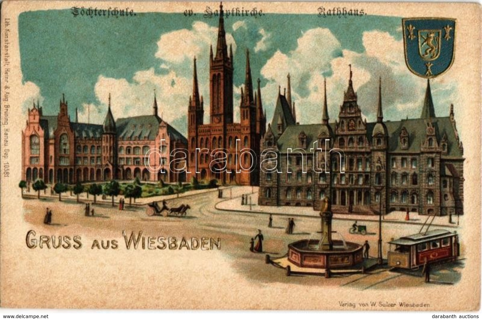 ** 4 Db Régi Külföldi Városképes Lap, Rajta Villamos, Gőzmozdony / 4 Pre-1945 European Town-view Postcards: Wiesbaden, U - Unclassified