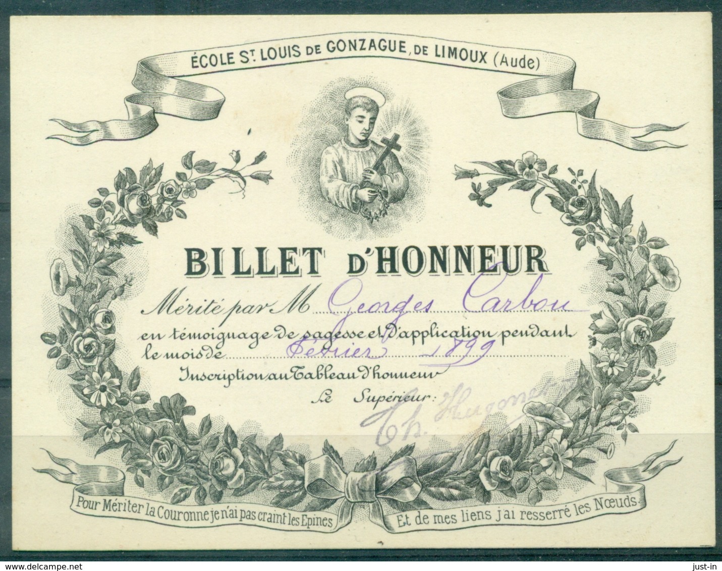 1899 LIMOUX (aude) BILLET D'HONNEUR . TB / SUP Rare - Diplômes & Bulletins Scolaires