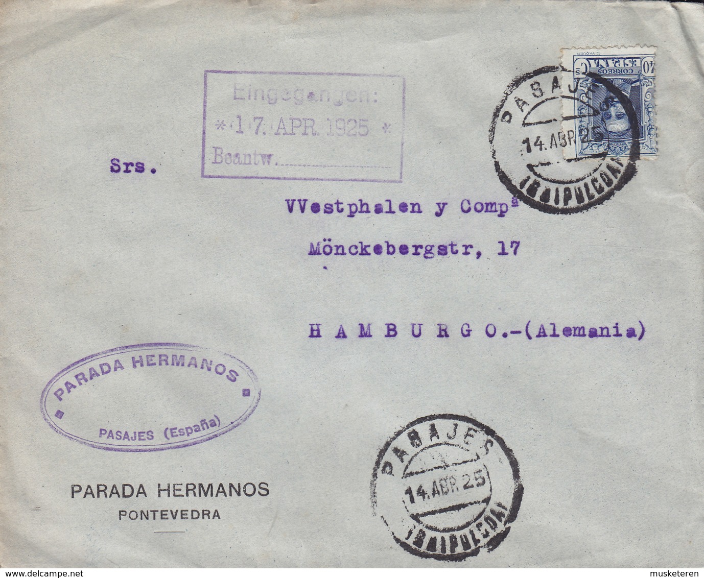 Spain PARADA HERMANOS, PASAJES (Guipúzcoa) 1925 Cover Letra HAMBURG Germany Alphonse XIII. - Briefe U. Dokumente