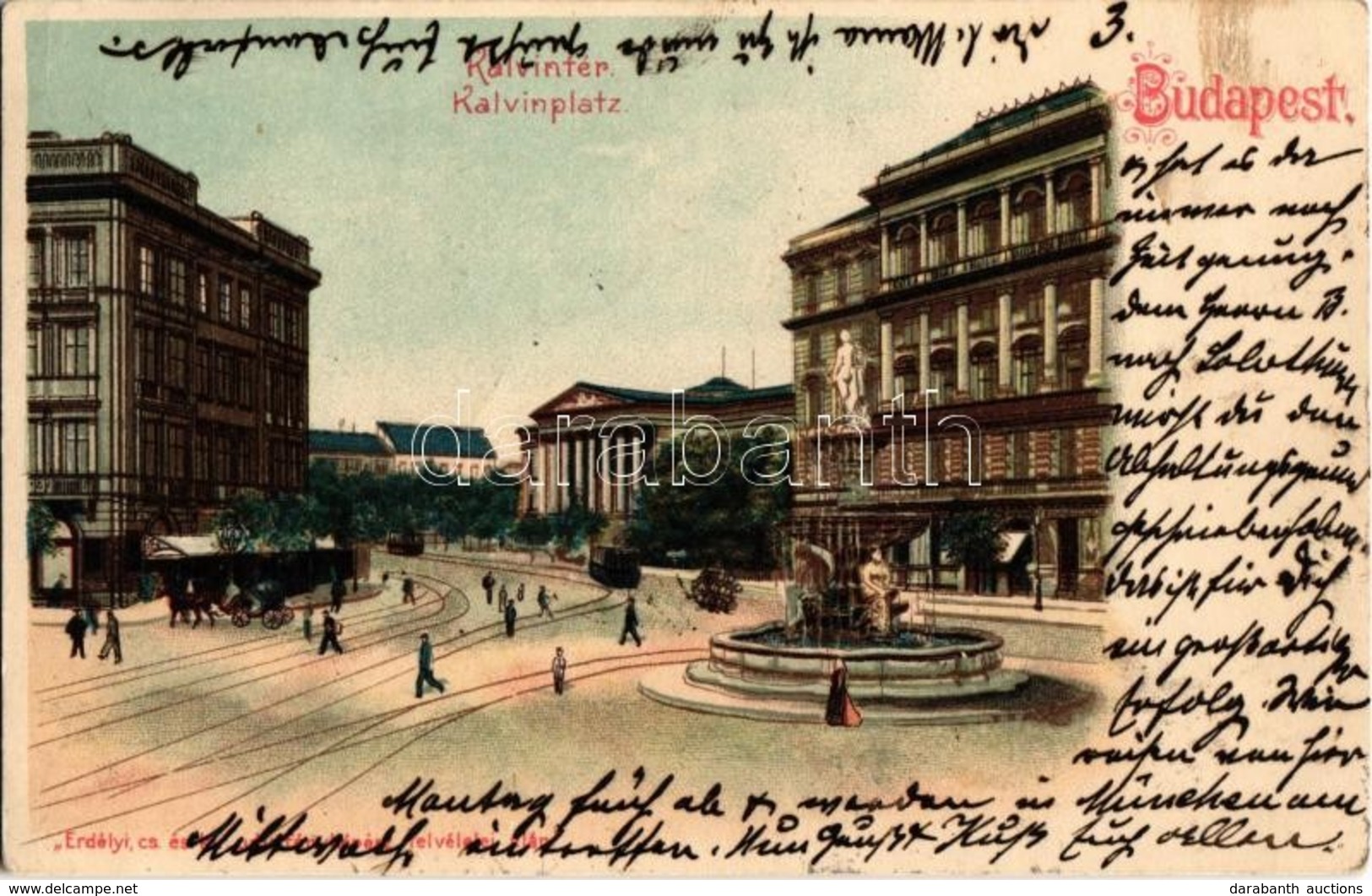 T2 1904 Budapest VIII. Kálvin Tér, Szökőkút, Villamosok, Nemzeti Múzeum. Litho - Zonder Classificatie