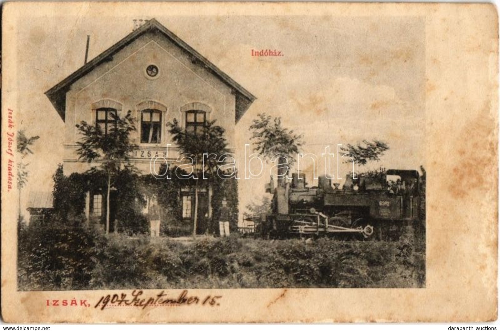 * T3 1907 Izsák, Vasútállomás, Vasutasok, Gőzmozdony. Kiadja Izsák József (fl) - Ohne Zuordnung