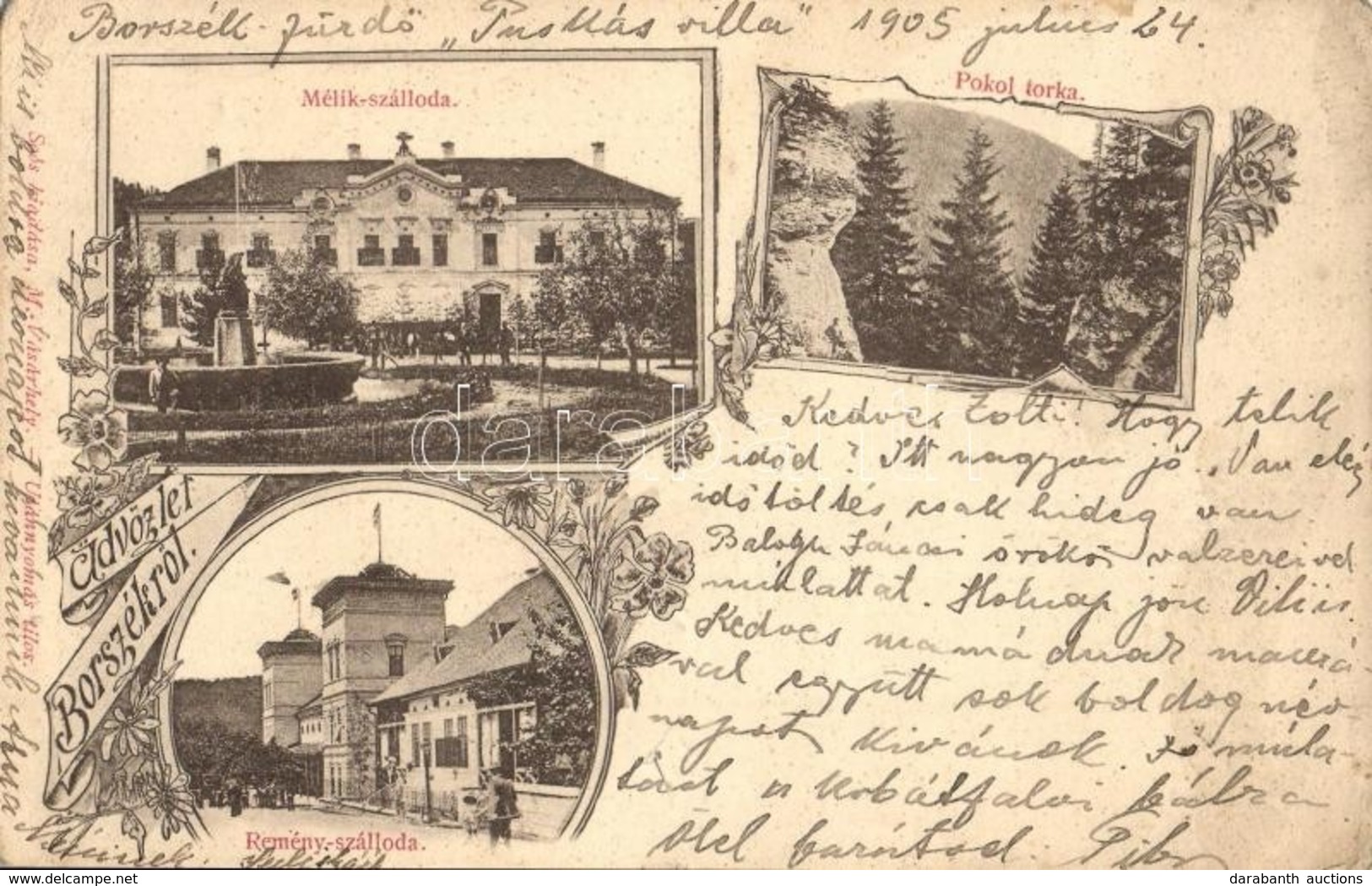 T3/T4 1905 Borszék, Borsec; Mélik és Remény Szálloda, Pokol Torka / Hotels. Art Nouveau, Floral (lyuk / Hole) - Unclassified