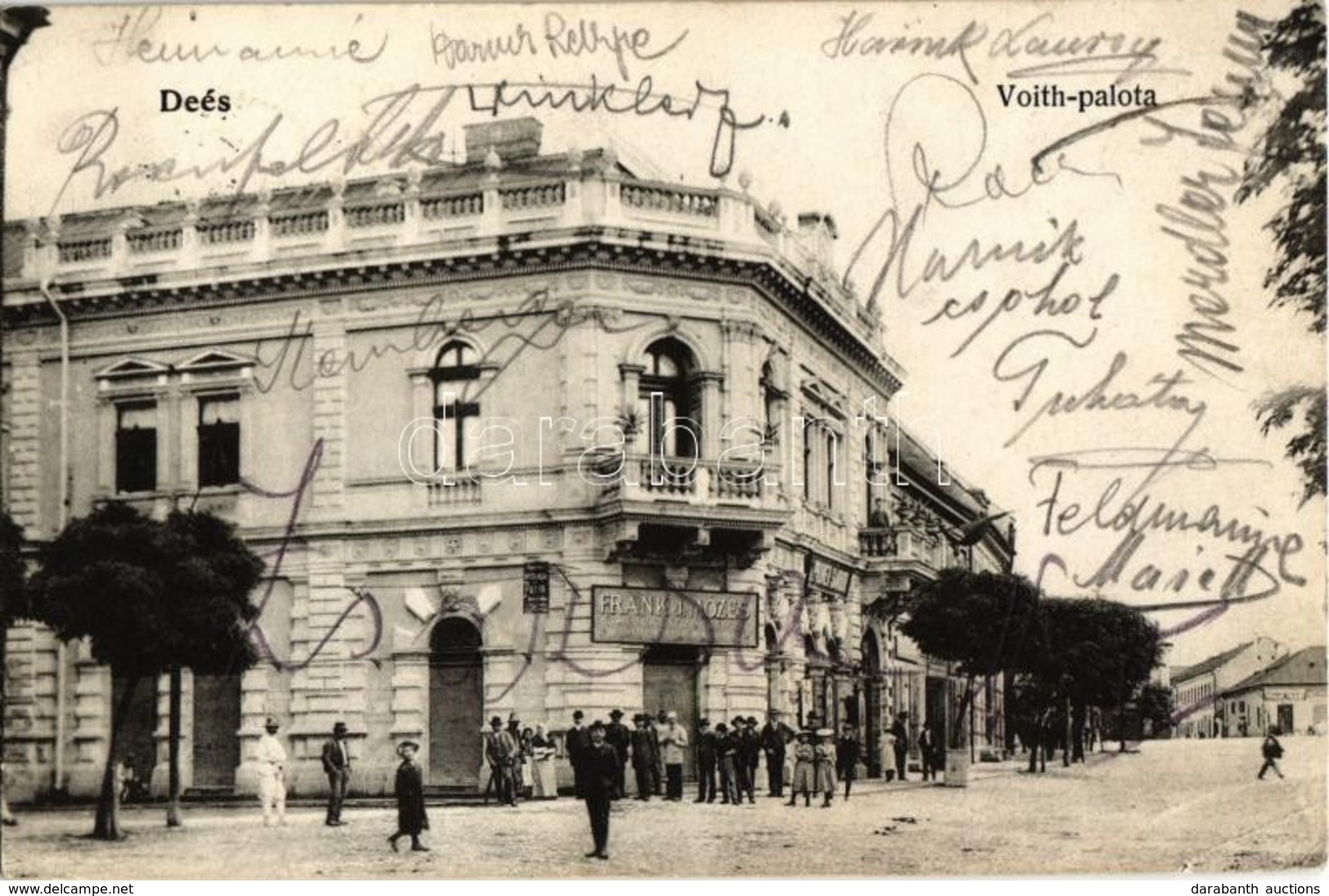 T2/T3 1906 Dés, Deés, Dej; Voith Palota, Frank J. Mózes, Pruner Sándor üzlete / Street View With Shops (EK) - Unclassified