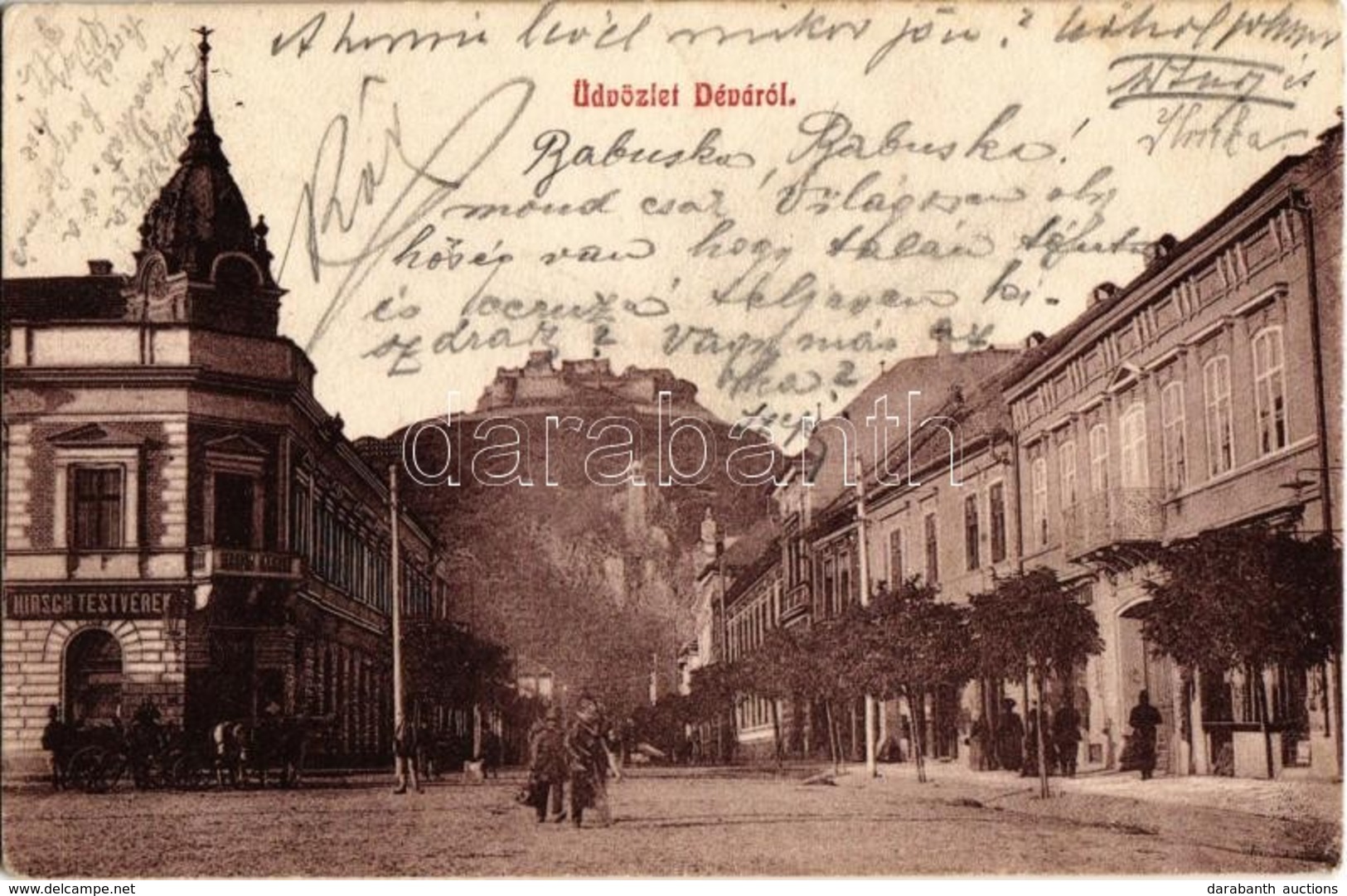 T2/T3 1912 Déva, Vár, Utcakép A Hirsch Testvérek üzletével. Kiadja Kroll Gyula 457. / Cetatea Deva / Castle, Street View - Unclassified