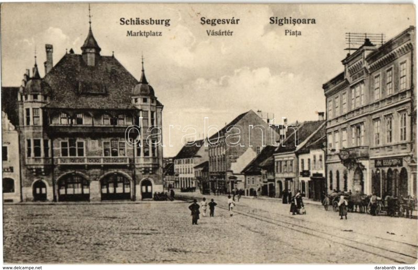 ** T3 Segesvár, Schässburg, Sighisoara; Marktplatz / Vásártér, Essigmann üzlete. Kiadja W. Nagy / Piata / Market Square, - Unclassified