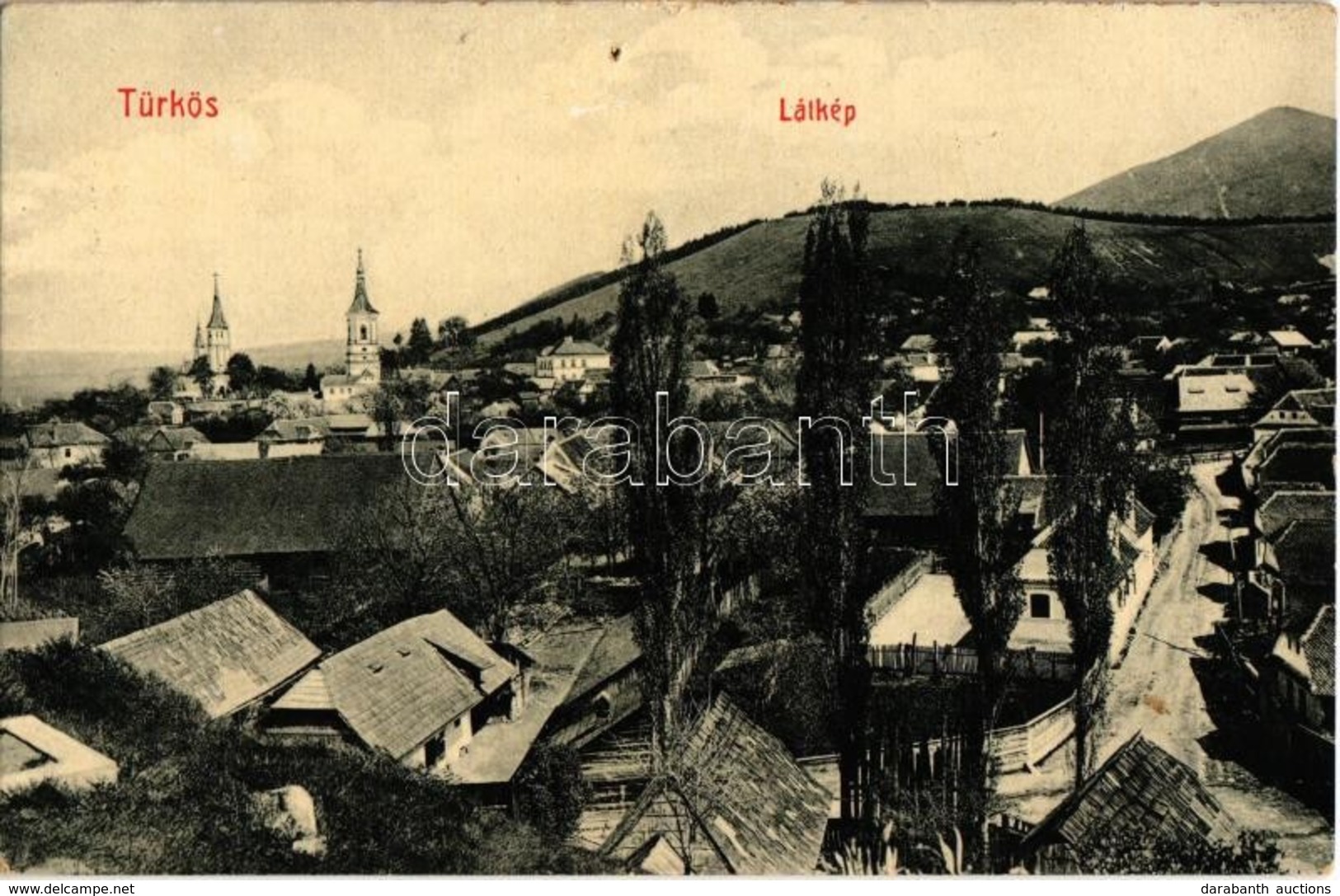 ** T4 Türkös, Turches (Négyfalu, Sacele); Látkép, Templomok. W. L. Bp. 6103. / General View With Churches (lyuk / Hole) - Zonder Classificatie