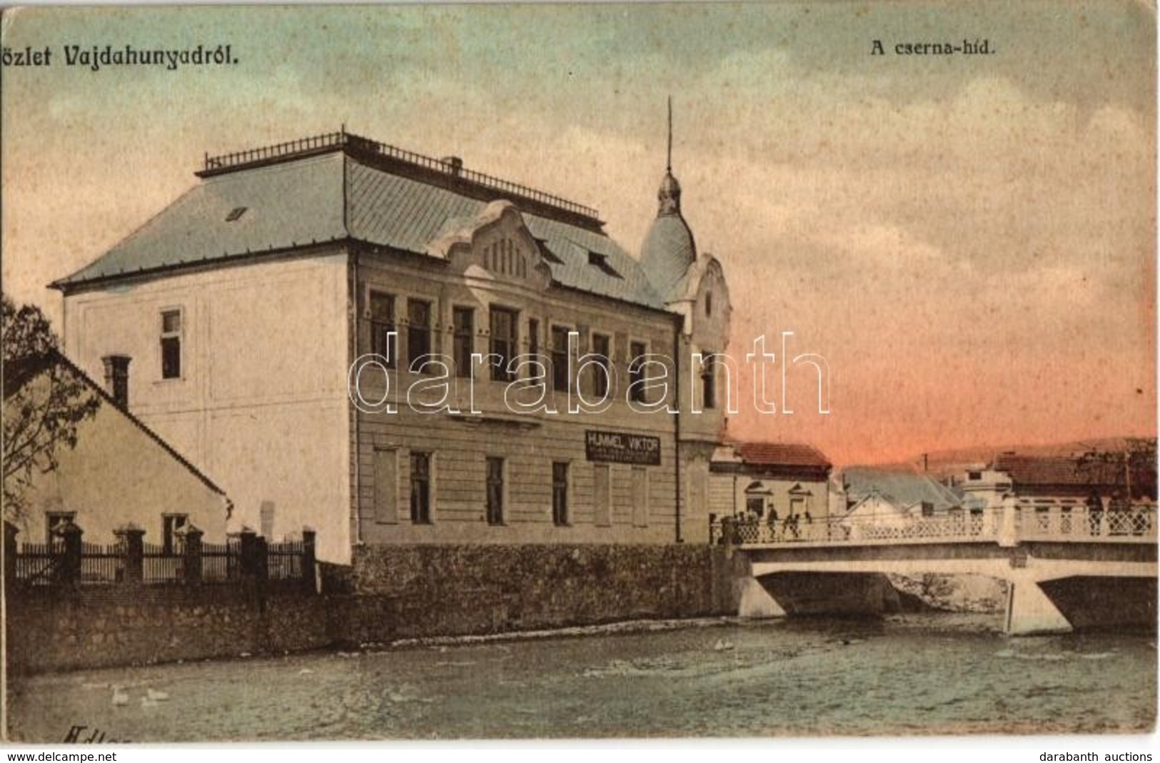 ** T2/T3 Vajdahunyad, Hunedoara; Cserna Híd, Hummel Viktor üzlete. Adler Fényirda 1910. / Cerna River Bridge, Shop (fl) - Zonder Classificatie