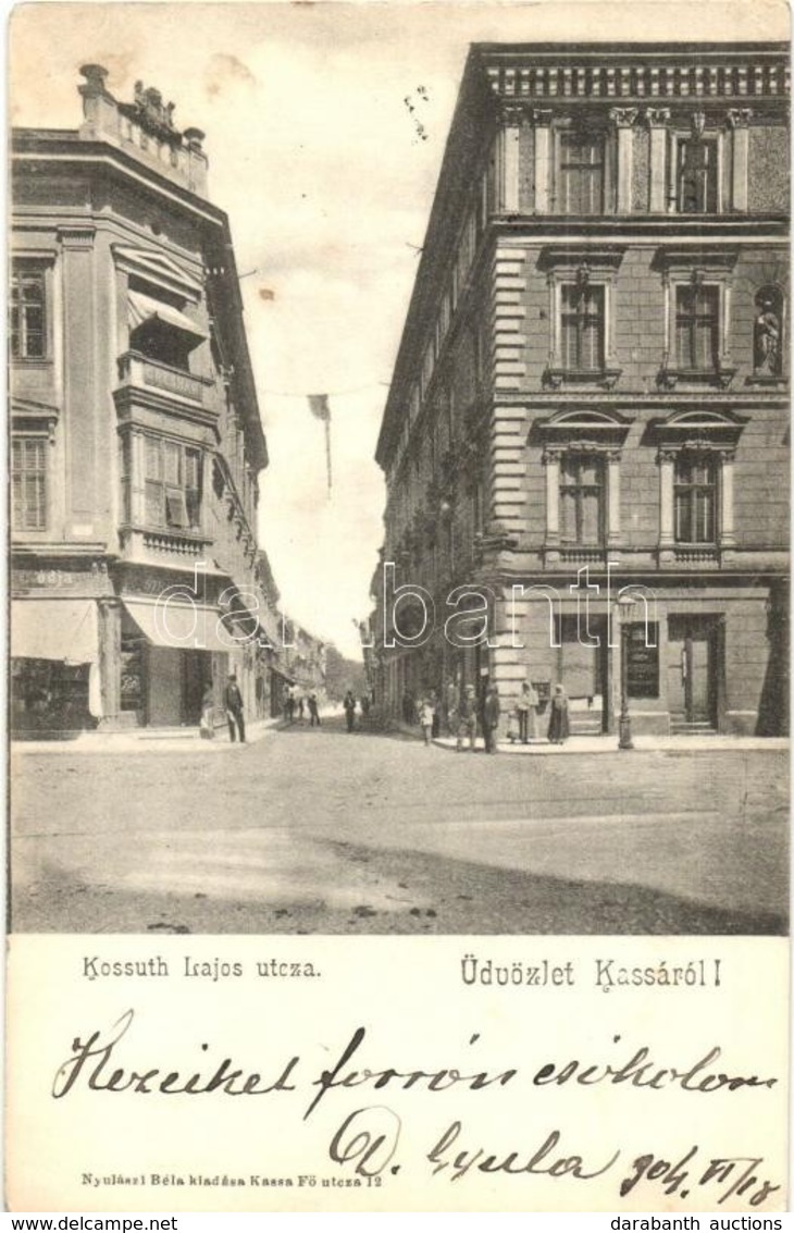 T2 1904 Kassa, Kosice; Kossuth Lajos Utca, Strausz üzlete, Gyógyszertár / Street, Shop, Pharmacy - Zonder Classificatie