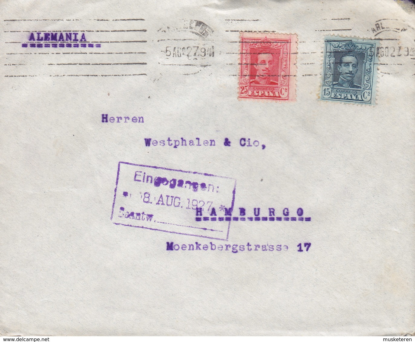 Spain WESTPHALEN Hnos. TMS Cds. BARCELONA 1927 Cover Letra HAMBURG Germany 2-Colour 2-Farbe Alphonse XIII. Franking - Briefe U. Dokumente