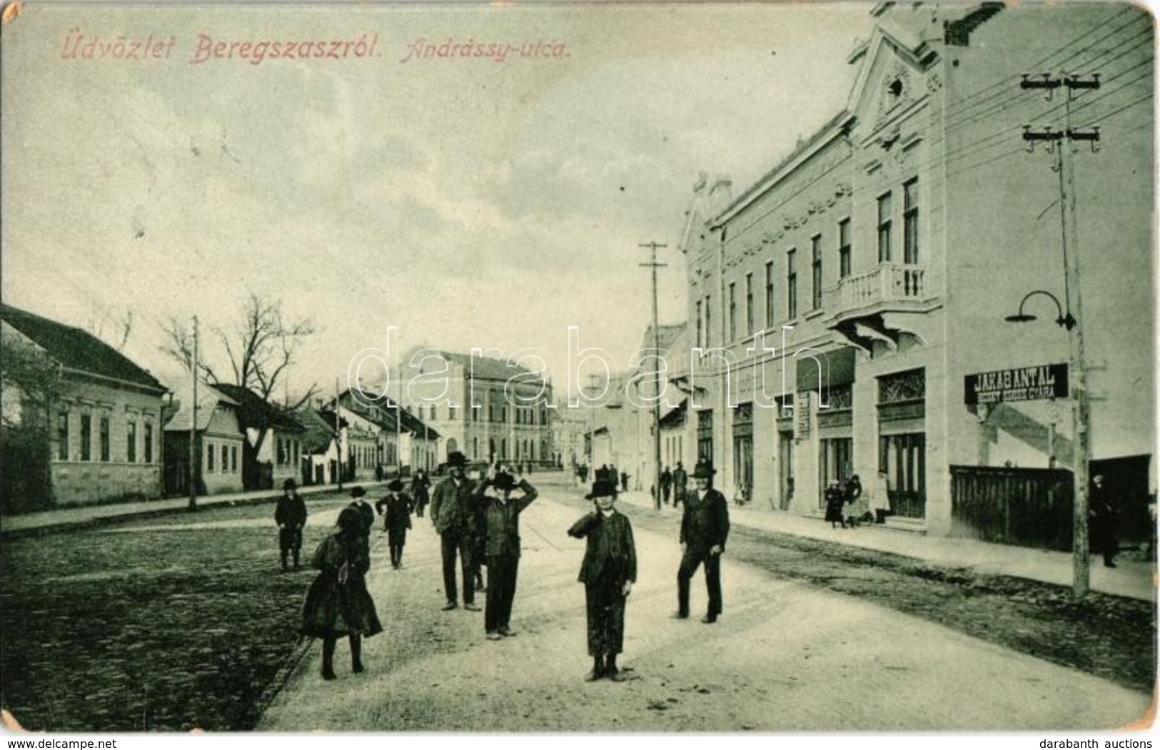 * T3 1911 Beregszász, Berehove; Andrássy Utca, Izraelita Templom, Zsinagóga, Jakab Antal Ecet Szeszgyára, üzlet. W. L. B - Unclassified