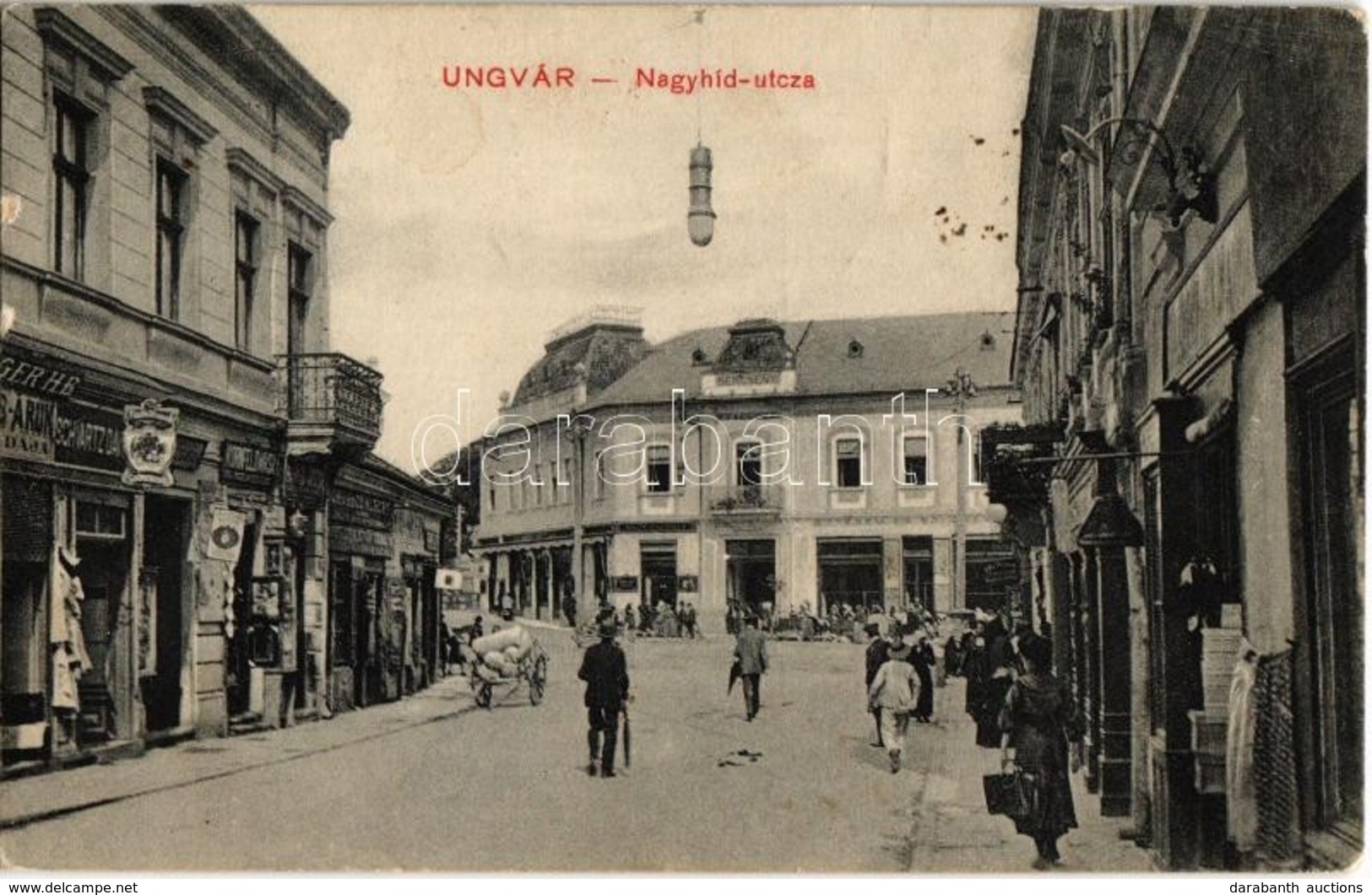 T2/T3 1911 Ungvár, Uzshorod, Uzhorod; Nagyhíd Utca, Kornfeld, Schwartz üzlete, Bercsényi Szálloda, étterem és Kávéház. K - Unclassified