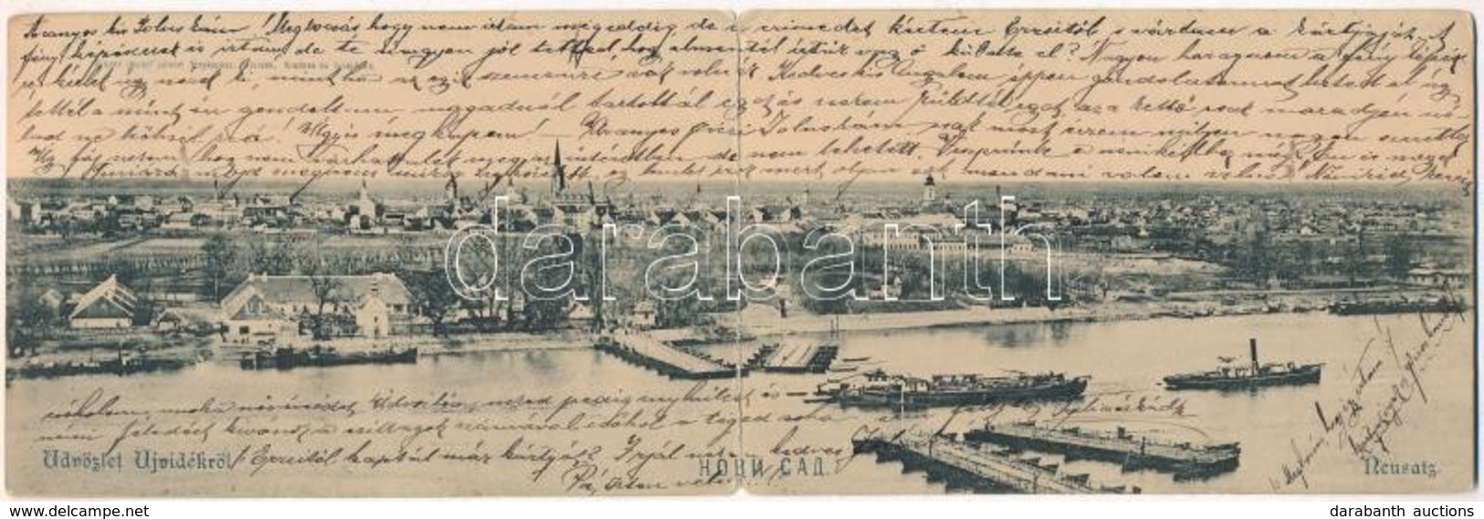 T3 1900 Újvidék, Novi Sad; Kihajtható Panorámalap, Pontonhíd Szétnyitott állapotban, Vontató Gőzhajó. Kiadja Singer Józs - Non Classés