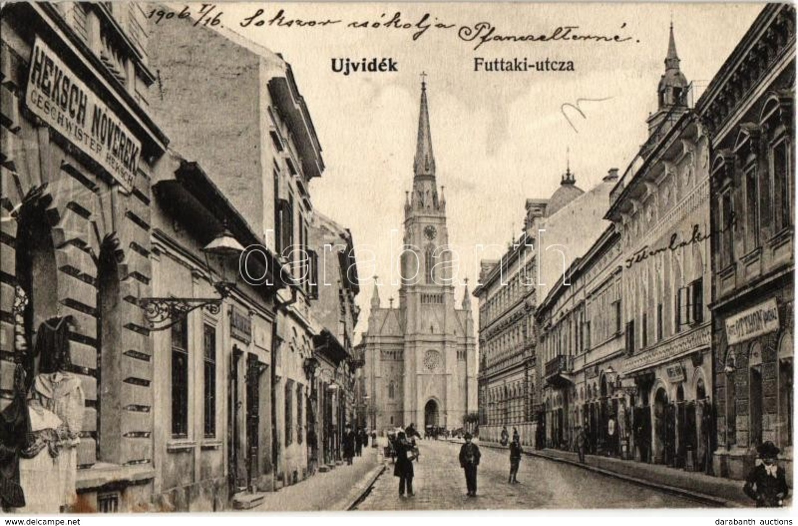 T2 1906 Újvidék, Novi Sad; Futtaki Utca, Templom, Otthon Kávéház, Heksch Nővérek üzlete / Street View With Shop And Chur - Unclassified