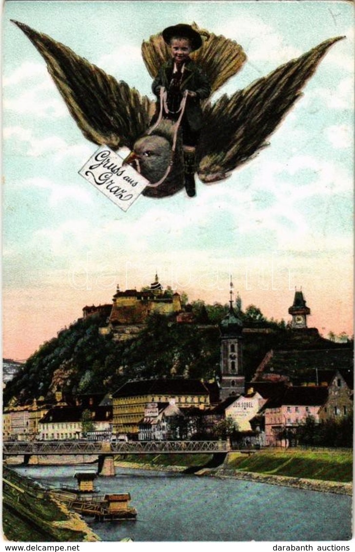 * T2/T3 Graz. Gruss Aus Garz / Little Boy Riding A Bird. Montage. Kunstverlag Frank Nr. 675/1. (EK) - Unclassified