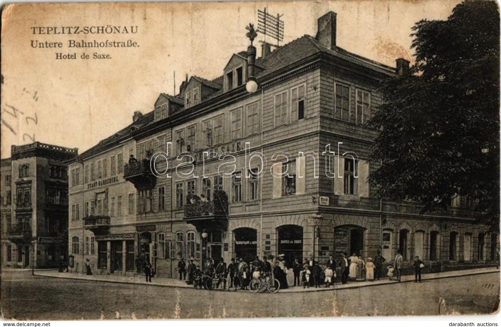 * T3 Teplice, Teplitz-Schönau; Untere Bahnhofstraße, Hotel De Saxe / Street View, Hotel And Café, Bicycle (small Tear) - Zonder Classificatie