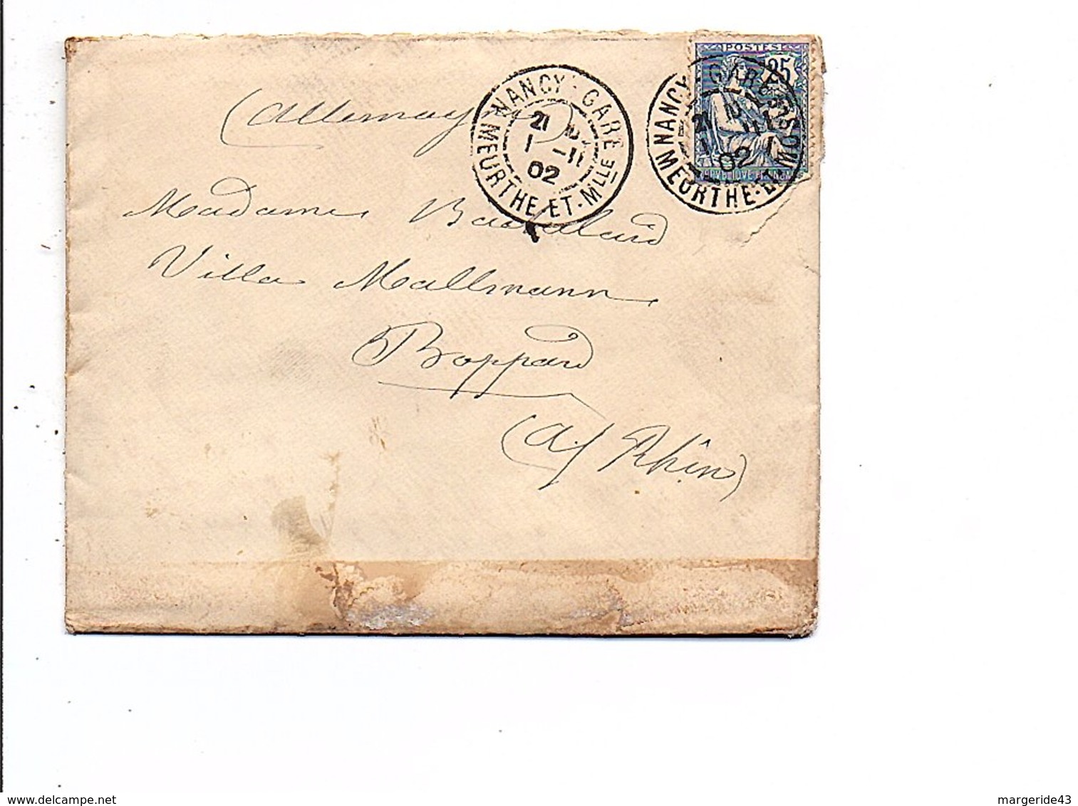 SAGE SUR LETTRE DE NANCY GARE POUR L'ALSACE DU 1/11/1902 - 1877-1920: Période Semi Moderne