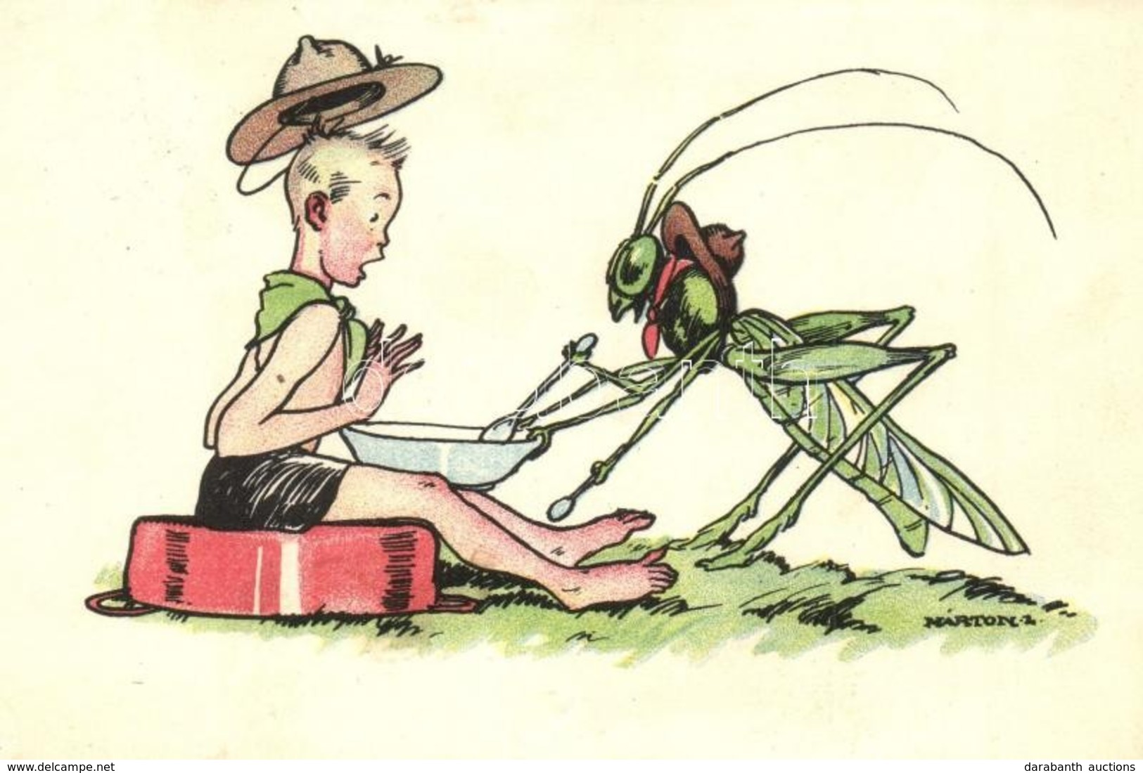T2 1935 Magyar Cserkészszövetsége Kiadása / Hungarian Scout Art Postcard With Grasshopper S: Márton L. - Zonder Classificatie