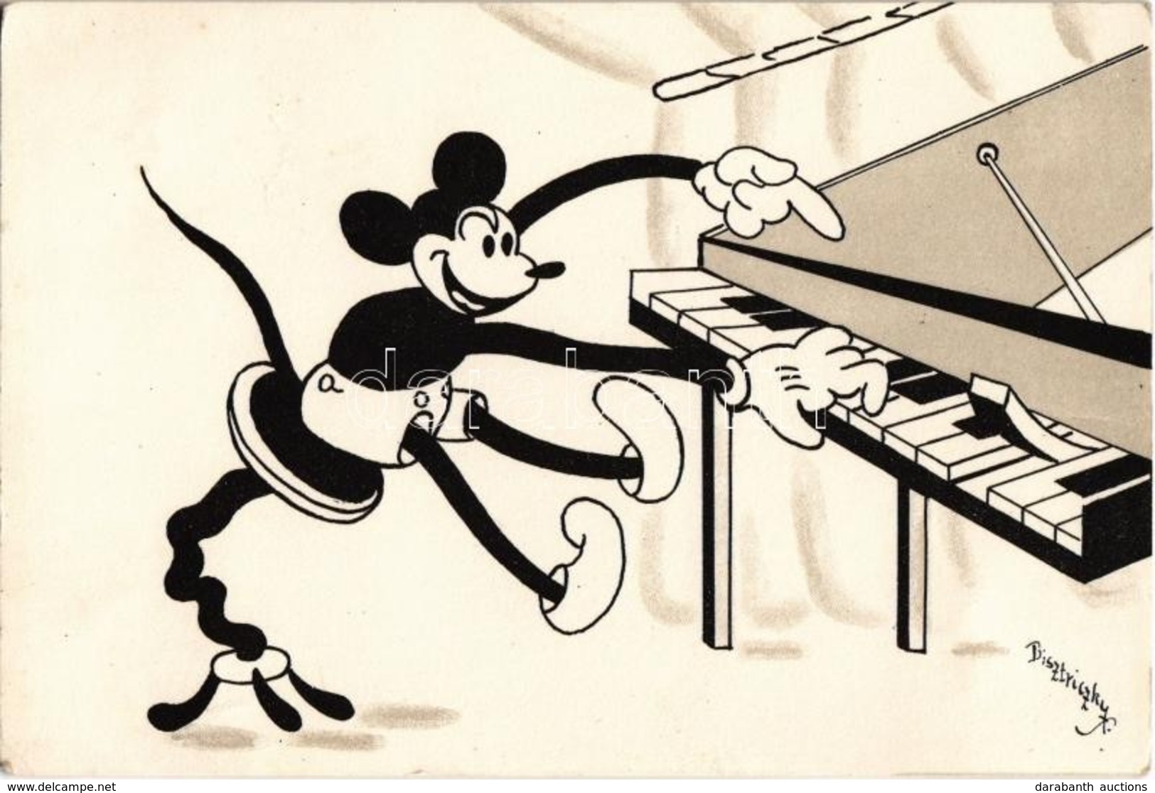 ** T2/T3 Mickey Mouse Playing On The Piano. Early Disney Art Postcard S: Bisztriczky (Rb) - Non Classés