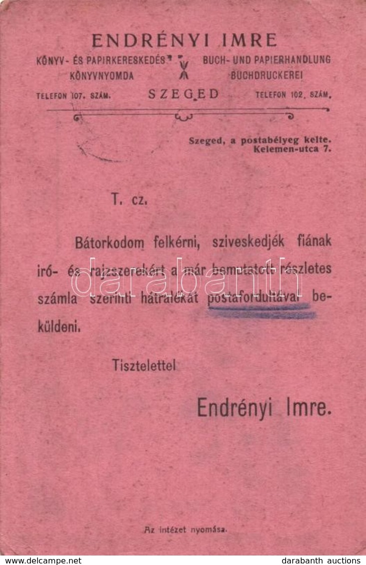 T2/T3 Endrényi Imre Könyv és Papírkereskedés, Könyvnyomda; Fizetési Felszólítás / Payment Notice Of A Hungarian Book And - Non Classés